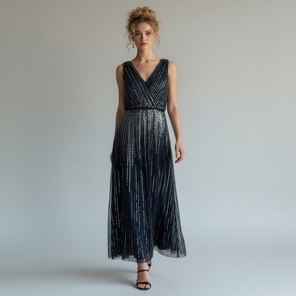 Adrianna Papell Wedding Guest Navy Blue Sequin Beaded V-Neck Maxi Gown Dress 8